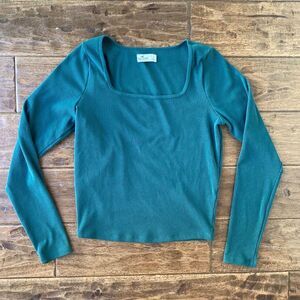 Hollister Ribbed Square Neck Long Sleeve Cropped Top Sz Large 90s Green Blue
